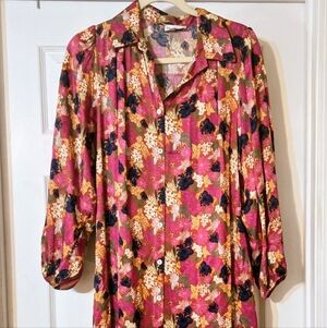 FRNCH women's pink floral pattern satin midi long-sleeve shirtdress